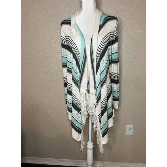 Demanding open cardigan sweater Tiffany blue striped with fringe - medium - Picture 2 of 5
